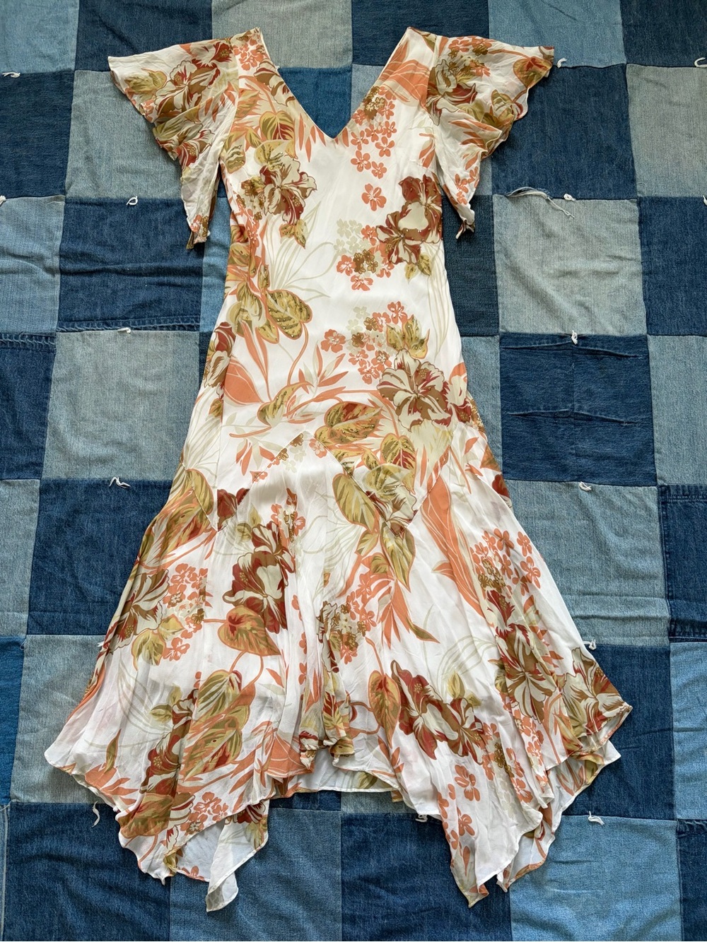 vtg y2k eva blue midi dress asymmetrical hem fairy floral beaded size 8